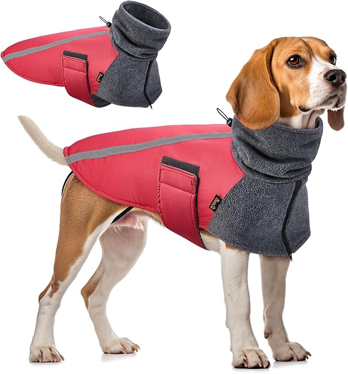 SlowTon Winter Dog Coat, Warm Polar Fleece Lining Doggie Outdoor Jacket with Turtleneck Scarf Reflective Stripe Adjustable Waterproof Windproof Puppy Vest Soft Pet Outfits (M,Red)
