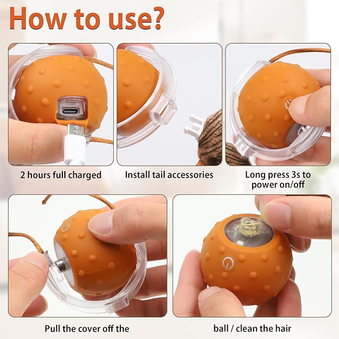 Cat Toys Interactive Self Rolling Cat Balls with Mouse Tails Automatic Moving Fast on Carpet, Rechargeable & Motion Activated