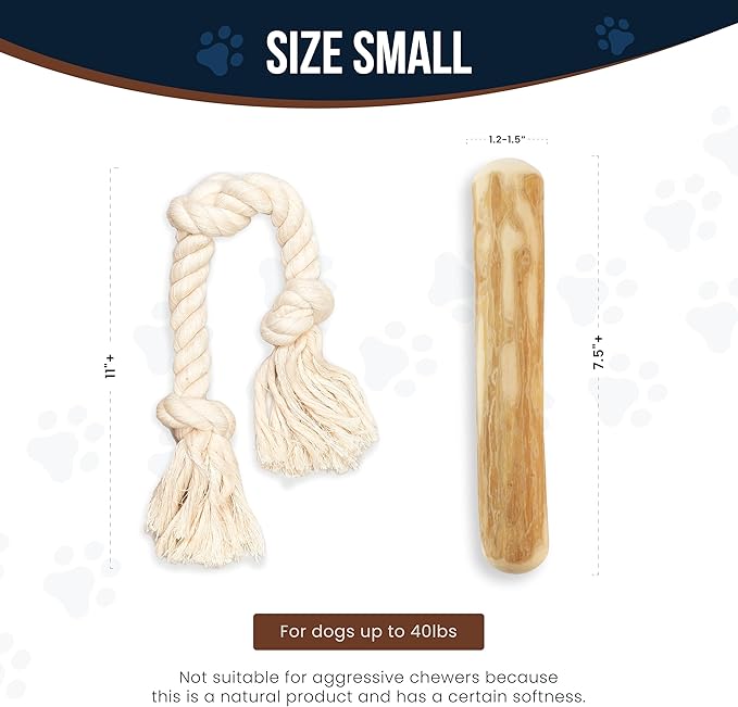 Coffee Wood Dog Chews 7.5" & Dog Rope Toys 100% Natural for Teething, Stress Relief, Dental Health, Organic Toys - Size S