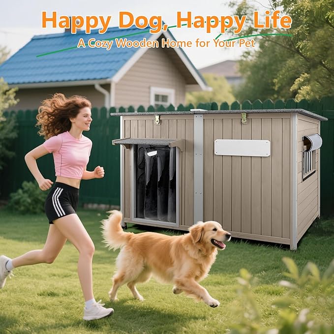 55" L Extra Large Dog House Outdoor with Window, XL Dog House Pet Shelter for Large Breed with Anti-Chewing Frame, Openable Roof, Removable Floor, 10 Support Feet for Medium to Large Dogs