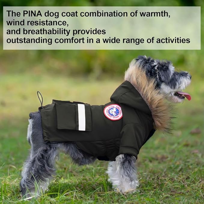 PINA Small Dog Coats - Waterproof Winter Jacket with Flannel Lining, Faux Fur Hood & Pocket