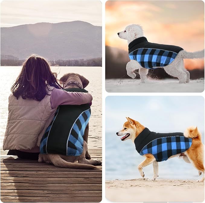 Kuoser Dog Winter Coat, Reversible Waterproof Dog Jacket with Reflective Strip, Warm Dogs Fleece Vest Adjustable Doggy Cold Weather Clothes Plaid Christmas Outfit Pet Apparel for Large Dogs, Blue XL