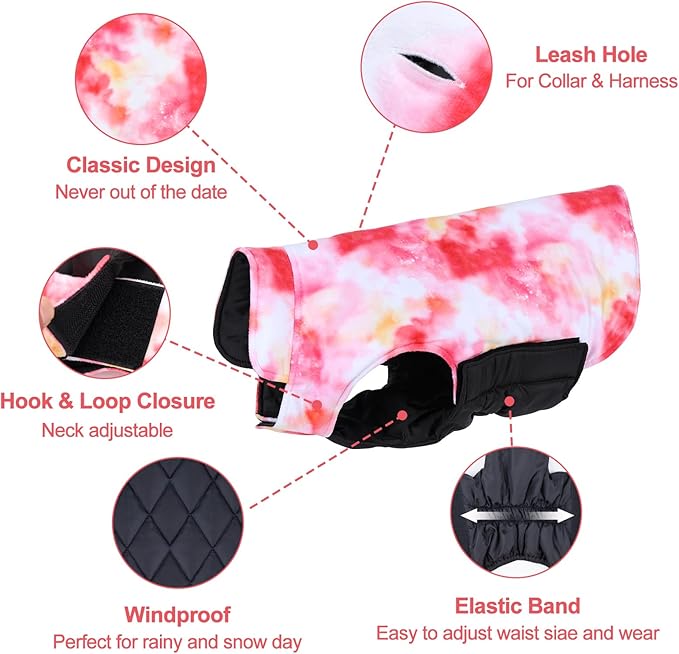 GMF29M Winter Dog Coat - Waterproof & Windproof Jacket, Reversible Vest, Thick Soft Coats for Small, Medium & Large Dogs, with Leash Hole