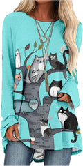 Womens Tunic Shirt Cute Cat Print Long Sleeve Round Neck Women T Shirts Cotton Casual Plus Size Vacation Tunics Tops