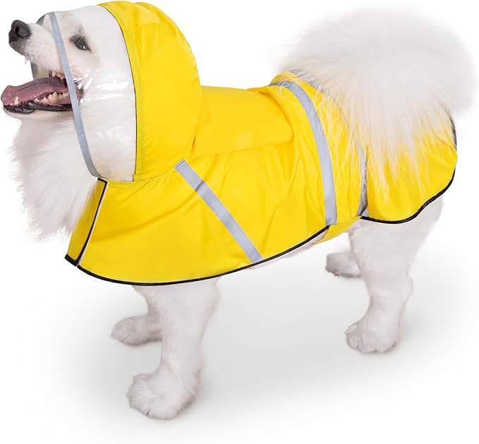 Dog Raincoat, Adjustable Rain Jacket with Hooded Double Layer for Large Medium Small Dogs Puppies, Lightweight Waterproof Rain Coat Poncho with Reflective Stripe Yellow,S