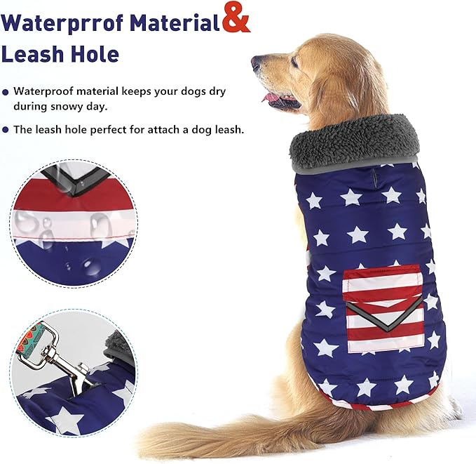 Dog Coat, Waterproof Dog Winter Jacket with Pocket, Reflective Adjustable Pet Snow Vest, Warm Cozy Fleece Sweater for Small Medium Extra Large Dogs - American Flag, XS