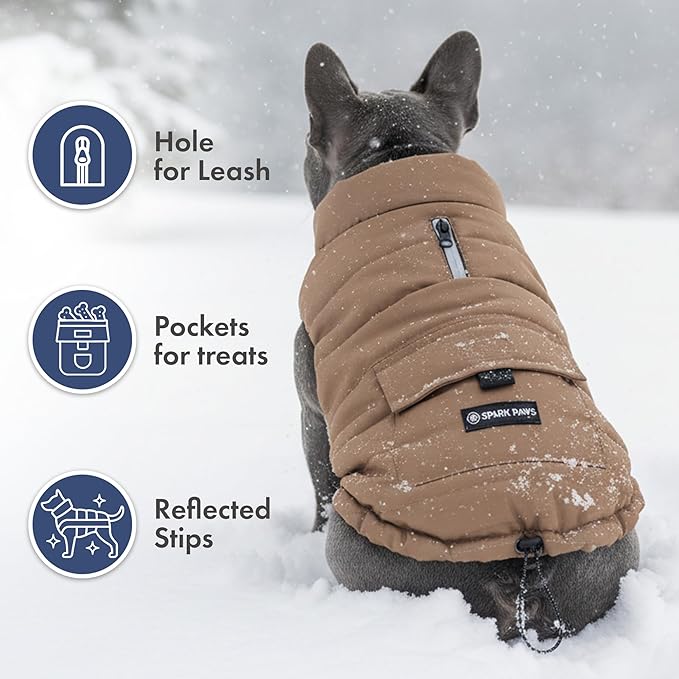 Spark Paws Dog Winter Jacket, Water-Resistant Coat, Warm Reflective Windproof Fleece-Interior, for Medium and Large Dogs - Tan - 3XL