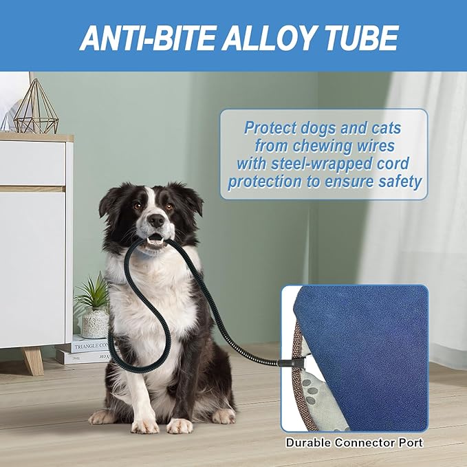 Bestio Heated Dog Bed 34x21in New Smart Thermostatic Switch with Constant-On Functionality UL & MET Dual Certified, Puppy Bed with Steel Cable Protection Tube - Blue