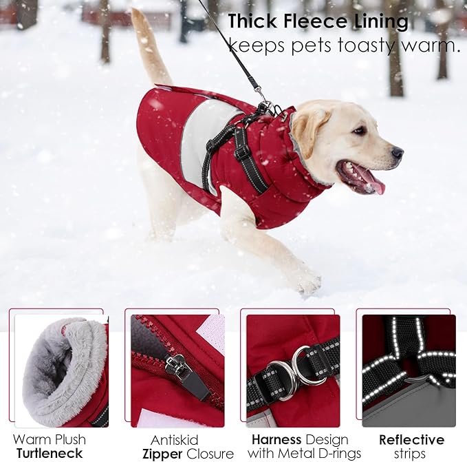 AOFITEE Dog Winter Coat, Dog Coat with Harness Built in, Dogs Jacket for Large Dogs, Reflective Waterproof Pet Puffer Jacket Snowsuit, Warm Fleece Windproof Pet Sweater for Cold Weather, XL