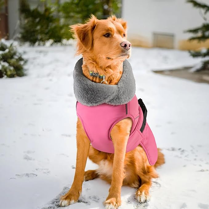PETDSH Dog Coat Large, Windproof Dog Jacket with Warm Fleece Lining, Thickened Collar Dogs Winter Coat, Adjustable Reflective Pet Coats for Cold Weather (Pink, Large)
