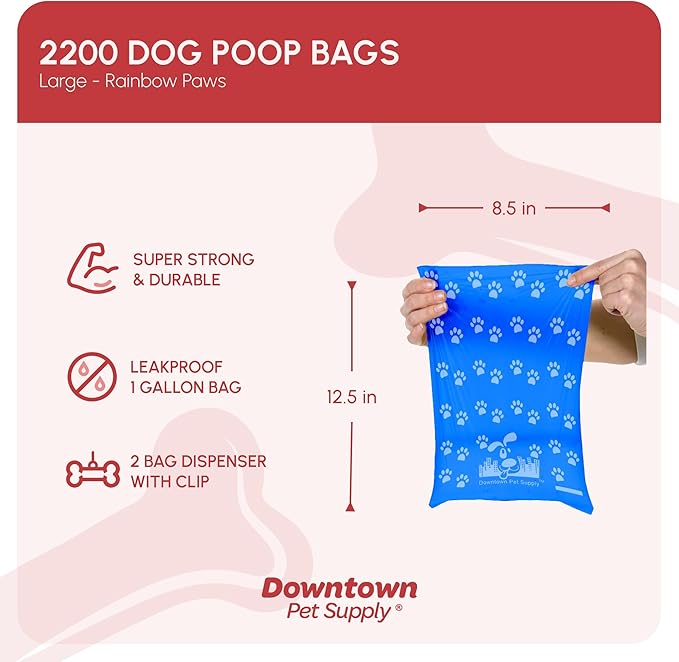 Downtown Pet Supply Poop Bags for Dogs with Dispenser, 2200 Count - Leak-Proof Dog Waste Bags and Bone-Shaped Dog Poop Bags Holder for Leash - Rainbow with Paw Prints of Colors, 12.5" x 8.5"