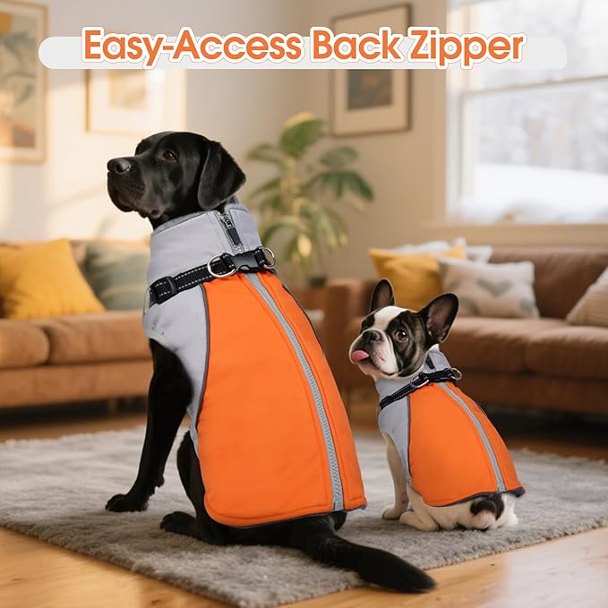 DENTRUN Dog Coat with Harness Built in, Cold Weather Dog Jacket Windproof Water-Repellent, Plush Turtle Neck Reflective Coat for Beagle, Orange, M