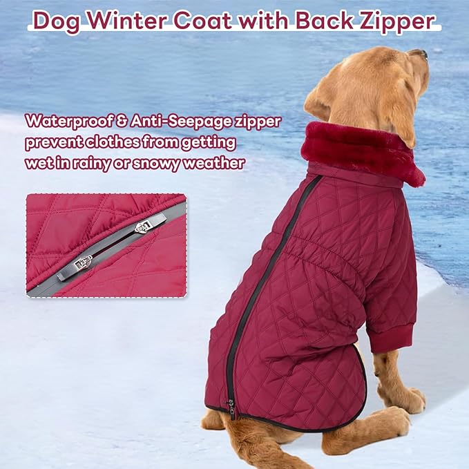 IDOMIK Dog Winter Coat for Medium Dogs, Warm Dog Winter Jacket with Fleece High Collar, Zippered Cold Weather Coats for Dogs, Waterproof Doggy Snow Jacket Clothes,WineRed,M