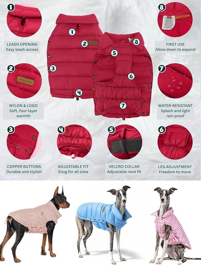 SPACE LION Dog Puffer Jacket, Down Winter Coat, Durable Outdoor Coat for Cold and Windy Conditions, Waterproof, Lightweight Jacket, Adjustable Fit for Small, Medium, Large Dogs(Red,8/XS)