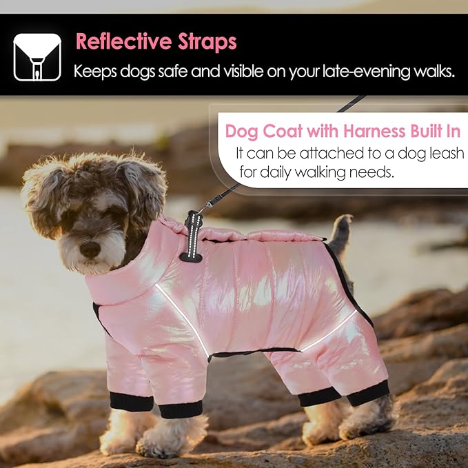 AOFITEE Dog Coat, Waterproof Dog Winter Jacket, Warm Fullbody Small Dogs Snowsuit, Winter Coat for Small Dogs, Zip Up Pet Puffer Jacket Fleece Vest, Outdoor Reflective Pet Snow Jackets, Pink XL