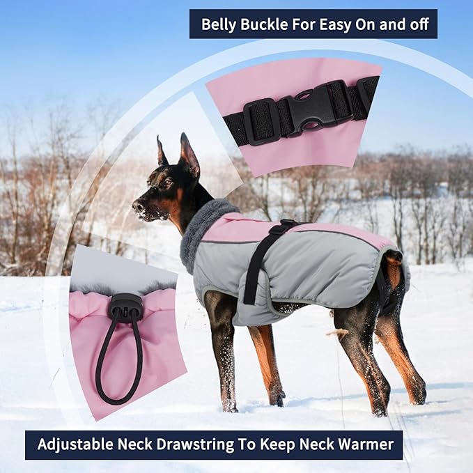 IECOii Extra Warm Dog Jackets for Large Dogs, Insulated Thermal Fleece Vest for Winter, Waterproof Reflective XL Dog Coat with Fur Collar, Windproof Cold Weater Clothes with Leash Hole, Pink, XL
