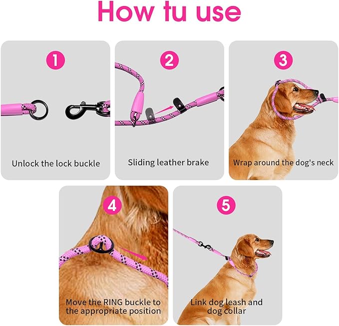 Detachable 2/5" Slip Lead, 4FT 6FT 8FT with Comfortable Silicone Handle Strong Rope Leash for Large Medium Small Dogs No Pull Highly Reflective Pet Training Leash (Pink-Black, 8FT)
