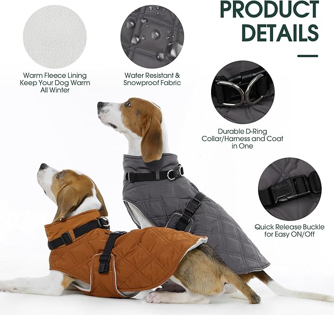Kuoser Dog Coat Warm Fleece Lining Turtleneck Dog Jacket with Harness Built-in, Adjustable Windproof Cold Weather Coats with Quick Release Buckle Pet Winter Snowsuit for Extra Large Dogs, Grey 2XL