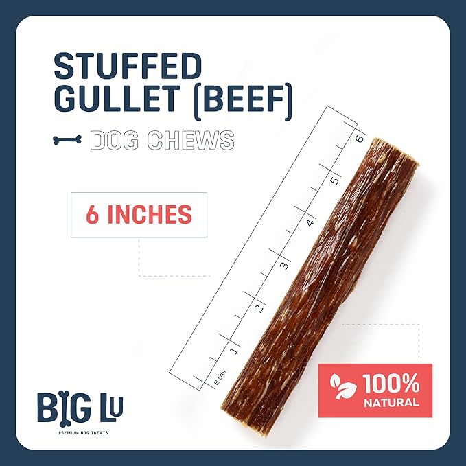 Big Lu - 6-Inch Stuffed Gullet Sticks, 20 Count, Premium Beef Dog Treats, All-Natural, High-Protein, Easily Digestible Chews for Dogs, Supports Dental Health and Joint Mobility