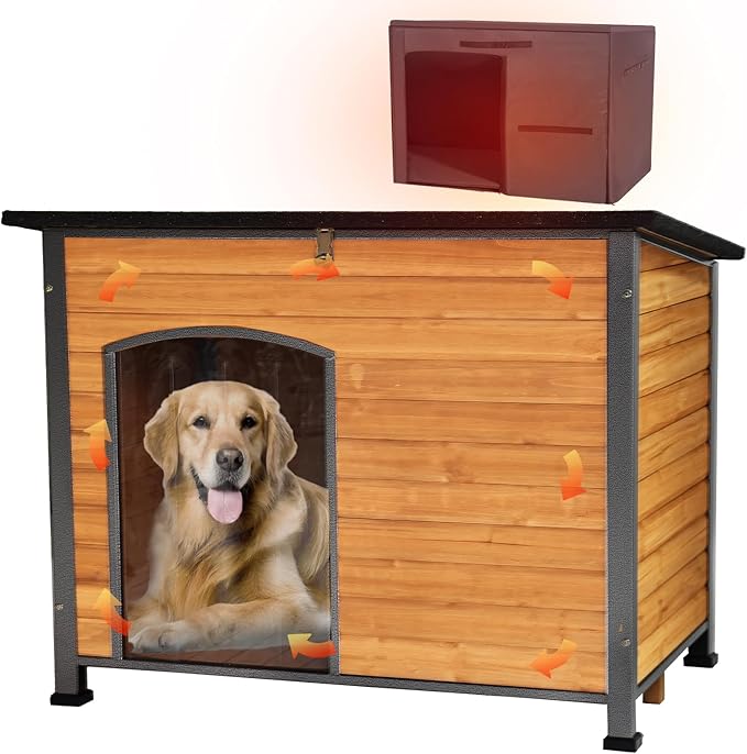 GUTINNEEN Outdoor Dog House with Insulated Liner,Durable Waterproof Puppy Shelter for Small & Medium & Large Dogs,Indoor Wooden Dog Kennel for Winter,Cozy Design(Brown)