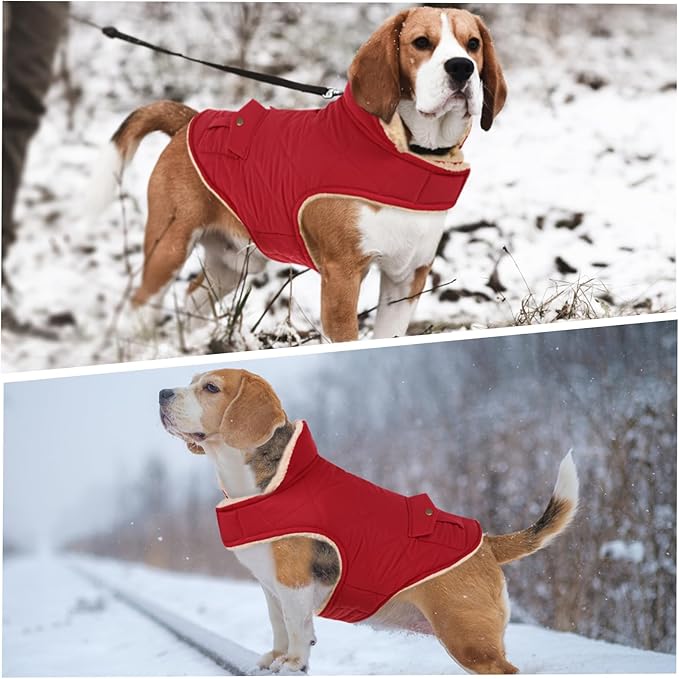 ASENKU Warm Dog Winter Coat, Waterproof Dog Coat for Cold Weather, Fleece Dogs Jacket with Ultra Thick Plush Lining Leash Hole Storage Pockets for Medium Large Dogs (Red, Large)