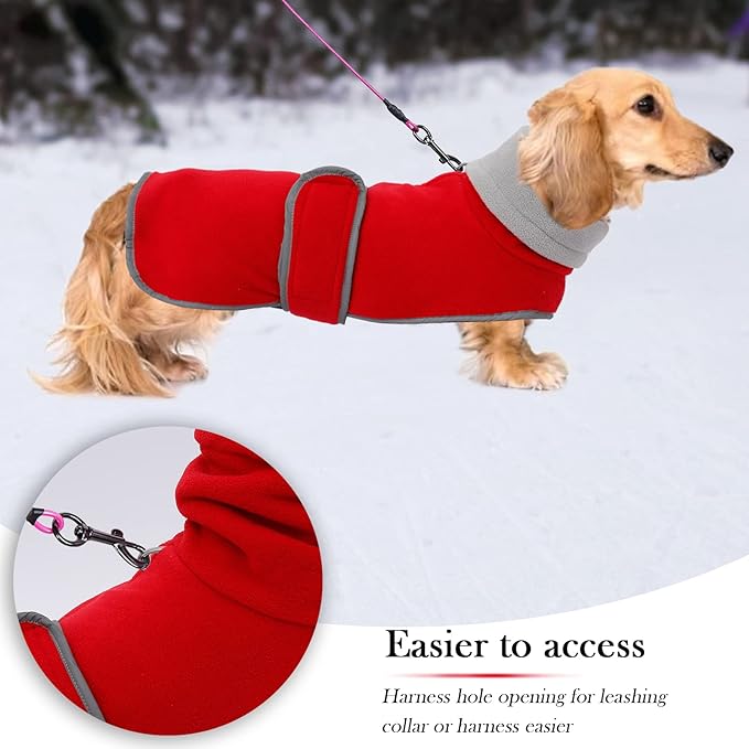 Geyecete Dachshund Sweater - Padded Fleece Dog Jacket for Winter, Dachshund Coat with High Collar, Red, S