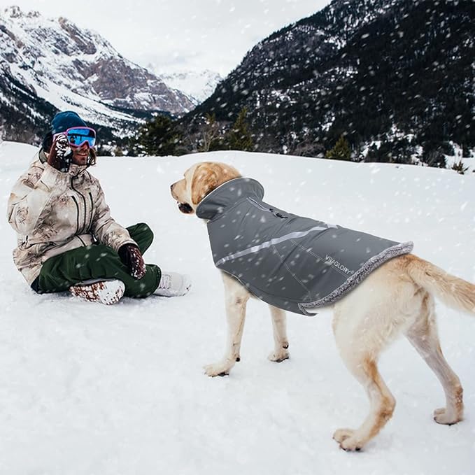VIVAGLORY Snowrap Dog Coat, Jacket with Harness Hole & Velcro Closure, Dog Coat for Winter & Cold Weather, Fluffy Warm Fleece Lined Reflective Water Resistant for Puppy, XL, Grey