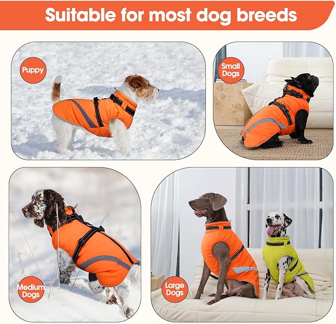 BRKURLEG Dog Winter Jackets for Small Dogs, Dog Coat with Harness Built in, Dogs Snowsuits with Zipper, Waterproof Windproof Pet Puffer Jacket Fleece Vest for Shih Tzu, Maltese, Orange S