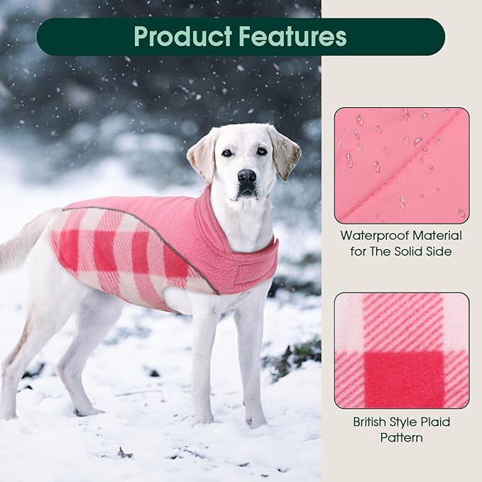 Kuoser Dog Winter Coat, Reversible Waterproof Dog Jacket with Reflective Strip, Warm Dogs Fleece Vest Adjustable Doggy Cold Weather Clothes Plaid Christmas Outfit Pet Apparel for Large Dogs, Pink 2XL