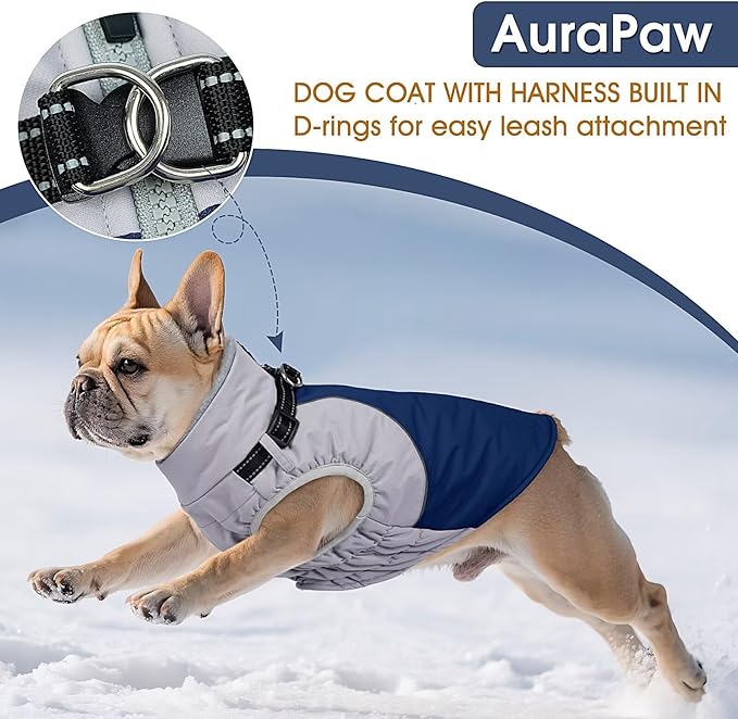 Small Dog Coat with Harness Built in,Warm Dog Jacket Water-Repellent Pet Winter Coats Snowsuit for Cold Weather,Warm Dogs Fleece Jacket with Zip,Reflective Winter Coat,Blue,S