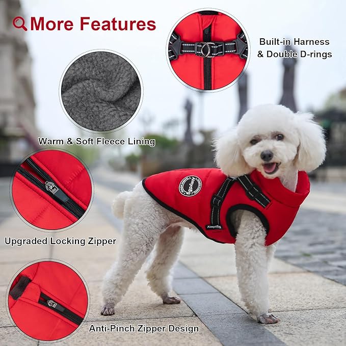 Warm Dog Winter Coat, Fashion Cold Weather Jacket with Built-in Harness, Reflective & Adjustable Comfortable Pet Vest, Waterproof Windproof Apparel for Small Medium Large Dogs(Red