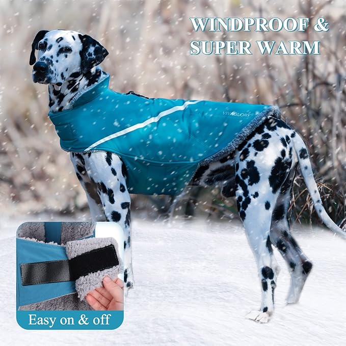 VIVAGLORY Snowrap Dog Coat, Jacket with Harness Hole & Velcro Closure, Dog Coat for Winter & Cold Weather, Fluffy Warm Fleece Lined Reflective Water Resistant for Puppy, M, Turquoise