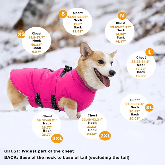 Dog Coat with Harness Built-in, Waterproof Reflective Fleece Lined - Warm Windproof Winter Jacket with Back Zipper, Cold Weather Snow Dog Coats - Pink - L