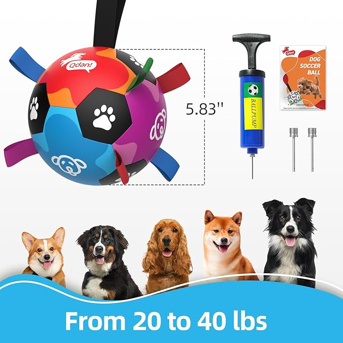 QDAN Dog Soccer Ball, Dog Balls with Straps, Outside Dog Toys for Small Medium Pets, Birthday Gift Toy, Soccer Ball for Dogs with Tags, Herding Balls Toys (6 Inch)
