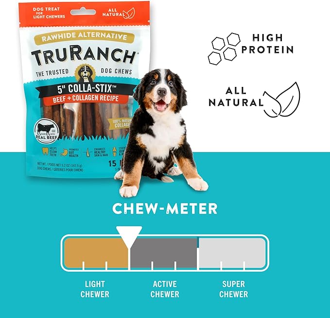 TRURANCH Collagen Sticks - 5" Collagen Sticks for Dogs - Long Lasting Healthy Joint Support Dog Treat - Rawhide Alternative - Skin & Coat Health - Made with Real Beef, 1 Bag, 15 Count