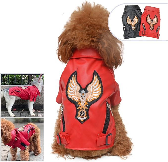 Lovelonglong Cool Dog Leather Jacket, Warm Coats Dogs Windproof Cold Weather Coats for Large Medium Small Dogs with Eagle Embroidery Red XL