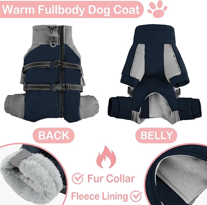 KOESON Four Legged Winter Coat, Warm Small Dog Jacket with Adjustable Buckles, Turtleneck Windproof Dog Fleece Jackets Reflective Fullbody Snowsuit Puffer Coat Blue Grey S