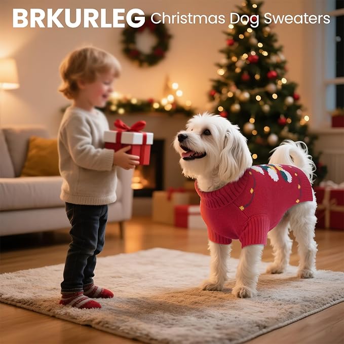 BRKURLEG Christmas Dog Sweaters for Cold Weather, Soft Warm Turtleneck Sweaters for Medium Dogs, Xmas New Year Pet Pullover Knitted Sweatshirt Outfit for French Bulldog,Pug (Red, M)