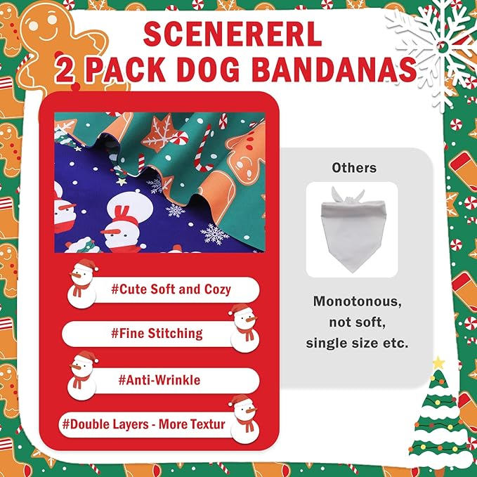 SCENEREAL Christmas Dog Bandanas 2 Pack, Puppy Snowman Xmas Triangle Bibs Handkerchief, Reversible Holiday Dog Bandana for Boy and Girl, Premium Pet Scarf for Small Medium Large Dogs XL