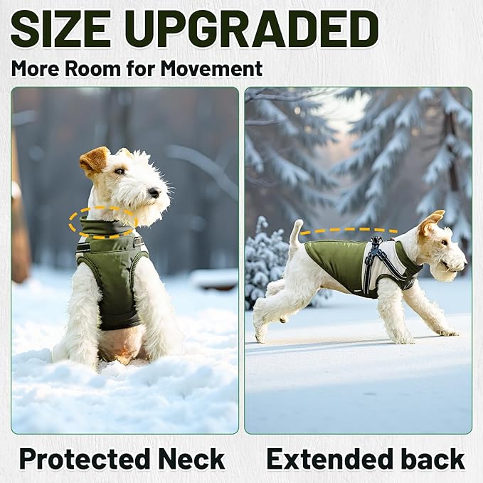 Dog Winter Coat for Small & Medium Dogs (Up to 31lb), Waterproof Dog Coat with Harness, Puppies Windproof Puppy Puffer Jacket, Snowsuit for Dachshund,Frenchie, Corgi (Classic Green, Small)