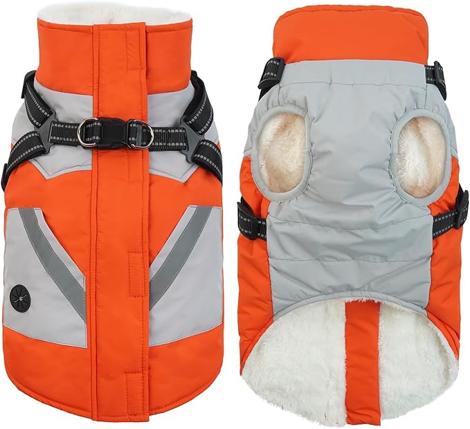 IECOii Warm Small Dog Coat Harness with D Ring -Orange,Small- Zip Small Dog Jacket Winter Reflective, Fleece Lined Dog Snowsuit Snow Jacket,Pet Clothes for Small Dogs Yorkshire Terrier Bichon Shih Tzu