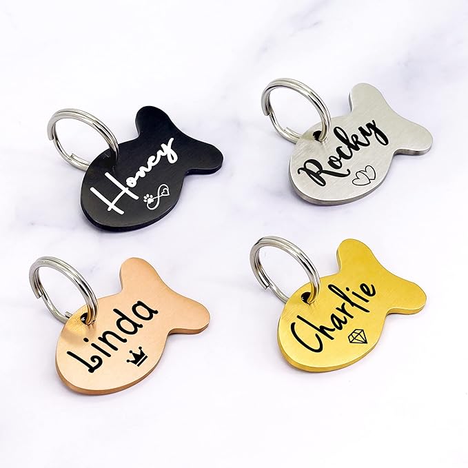 Ultra Joys Cat ID Tag Personalized Pet Tags, Durable Stainless Steel Small Pet Mini Dog Cat Tag Lightweight - Fish Tag in Silver