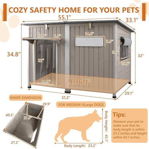 55"L Dog House Outdoor Large Breed Extra XL Wooden Dog House with Weatherproof Asphalt Roof, All-Around Iron Frame, Removable Floor, Openable Top Roof, Air Vents Window for Medium to Large Dogs