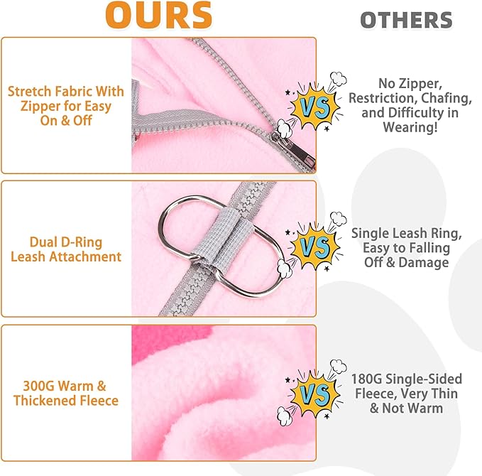 KOOLTAIL Dog Fleece Vest Sweater, Zip Up Step-in Pullover Warm Puppy Jacket with Dual Leash D-Ring for Small Medium Dogs, Cozy Soft Pet Winter Cold Weather Coats Fall Clothes Hoodie Boy Girl, Pink M