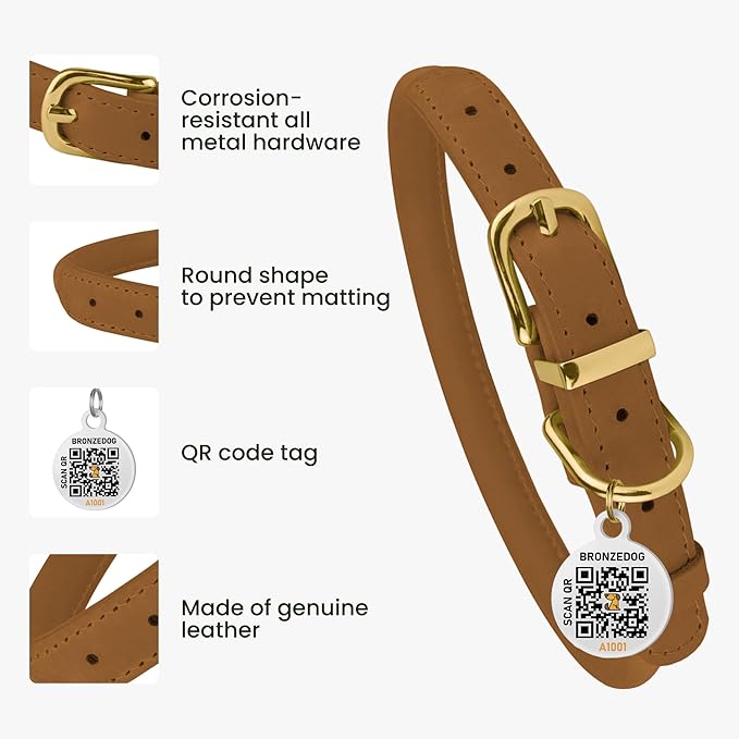 BronzeDog Rolled Leather Dog Collar with QR ID Tag, Adjustable Soft Round Collars for Small Medium Large Dogs Puppy (7" - 10" Neck Size, Light Brown)
