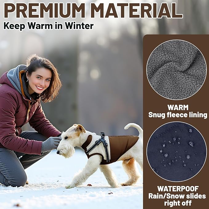 Dog Winter Coat for Small & Medium Dogs (Up to 31lb), Waterproof Dog Coat with Harness, Puppies Windproof Puppy Puffer Jacket, Snowsuit for Dachshund,Frenchie, Corgi (Classic Brown, 2XLarge)