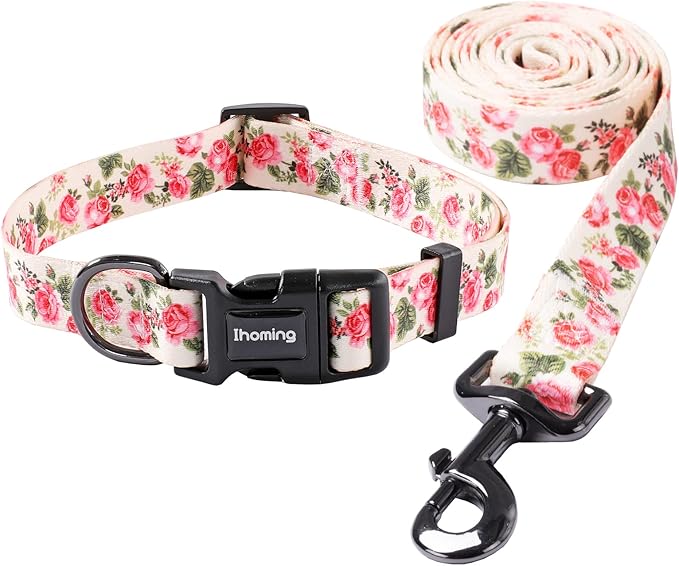 Ihoming Dog Collar and Leash Set for Daily Outdoor Walking Running Training, Pink Flowers Design for Small Boys Girls Dogs Cats Pets, S-Up to 20LBS