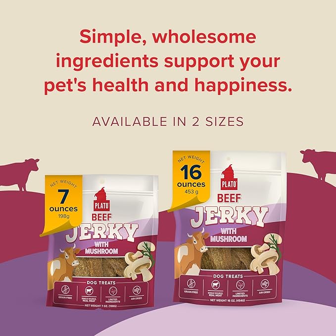 PLATO Pet Treats Jerky Dog Treats - Air-Dried Jerky for Dogs - Delicious, Real Meat Dog Treats - Grain Free - Supports Healthy Digestion - Beef Jerky with Mushroom 7oz