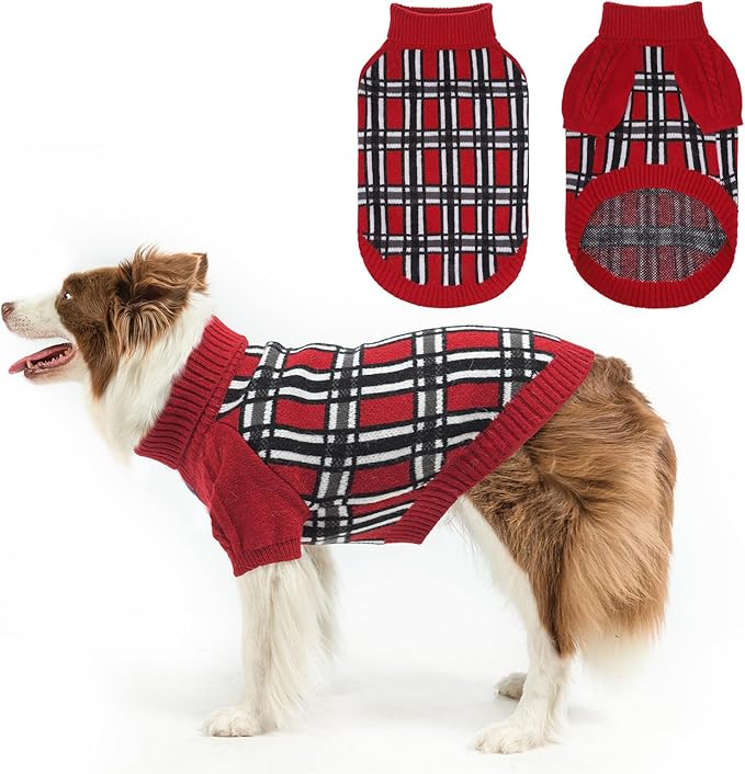 SCENEREAL Turtleneck Dog Sweater for Small Medium Large Dogs Girls Boys, Christmas Plaid Pullover Puppy Sweatershirt, Dogs Cold Weather Outfit Clothes, Ideal Gift for Pet in New Year, Red Plaid ML
