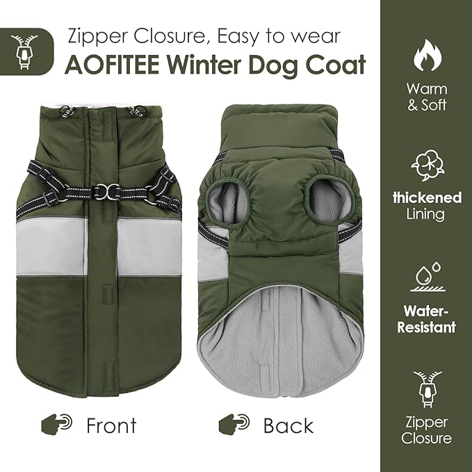 AOFITEE Dog Coat Warm Dog Winter Coat, Waterproof Dogs Jacket with Harness, Dogs Snow Jacket Snowsuit with Zipper & Furry Collar, Reflective Windproof Pet Sweater for Cold Weather, French Bulldog, L
